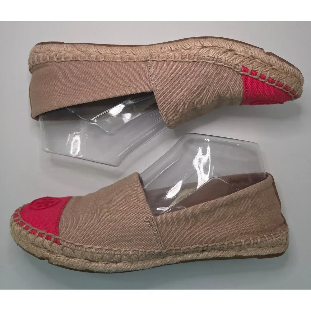 Tory Burch Color-Block Canvas Espadrilles Tan Red Logo Flats 7.5M Boho Chic